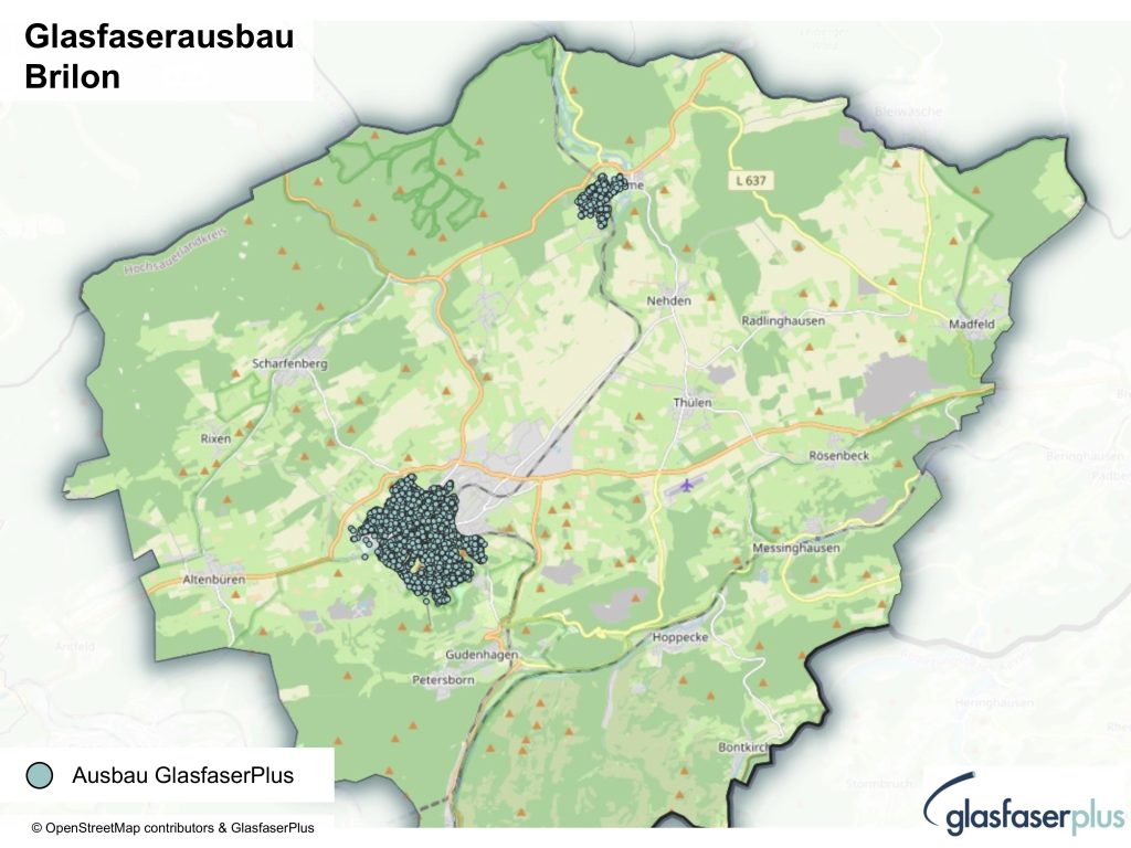 Landkarte mit eingezeichneten Adresspunkten für den Glasfaserausbau in Brilon